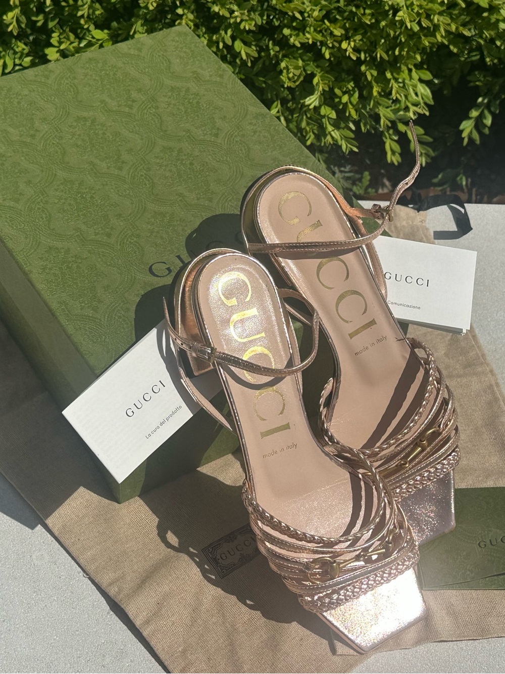 Gucci Metallic Rose Gold Nappa Braided Horsebit Ketty Block Heel Sandals (38) - Picture 2 of 14